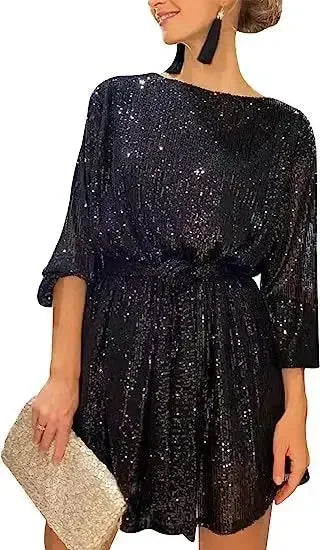 Women Loose Sparkly Prom Dresses 2023 Gold Black Silver Sequin Round Neck Short Party Dress With Belt Elegant Night Club Outfits