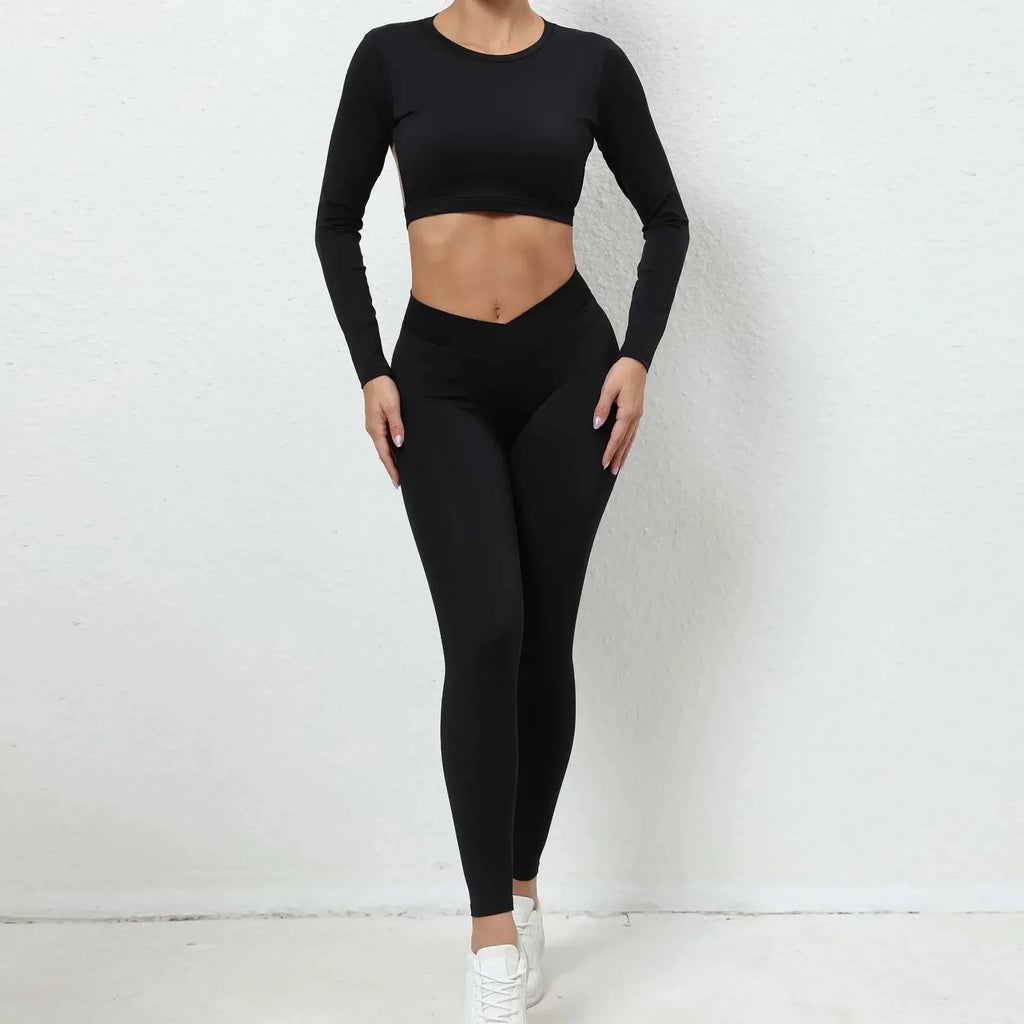 Seamless Backless Yoga Sets Sports Fitness High Waist Hip-lifting Trousers Long-Sleeved Suit Workout Gym Leggings Set for Women