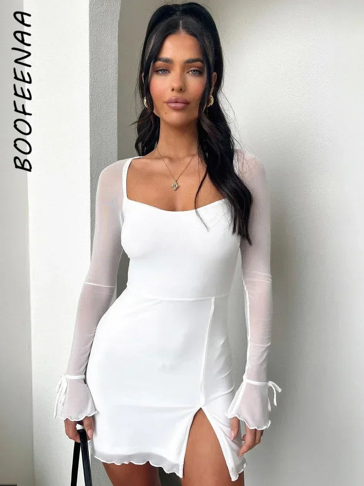 BOOFEENAA See Through Mesh Long Sleeve Dress White Black Sexy Club Outfits Square Neck Slit Mini Dresses for Women C18-BH24