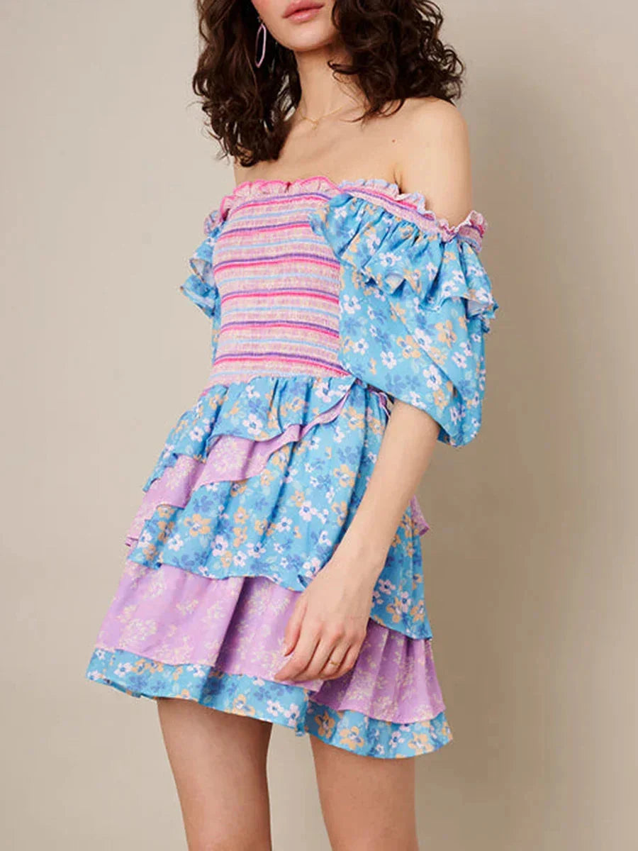 Womens Bohemian Puff Sleeve Dress Boho V-Neck Ruffle Layered Hem Mini Dress Floral Flowy Ruffle Tiered Short Dresses