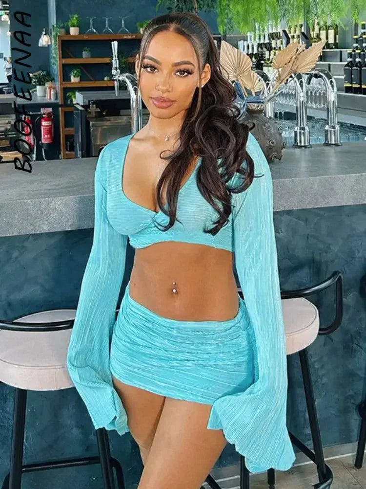 Destiny Beach Club Flared Long Sleeve Top & Skirt Set