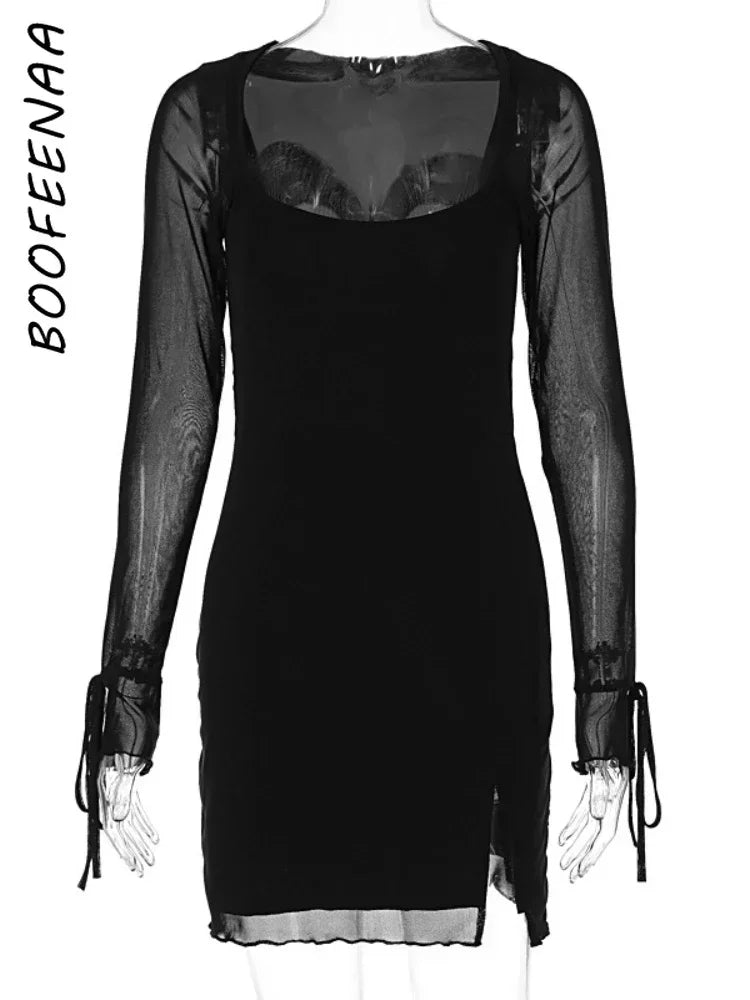 BOOFEENAA See Through Mesh Long Sleeve Dress White Black Sexy Club Outfits Square Neck Slit Mini Dresses for Women C18-BH24