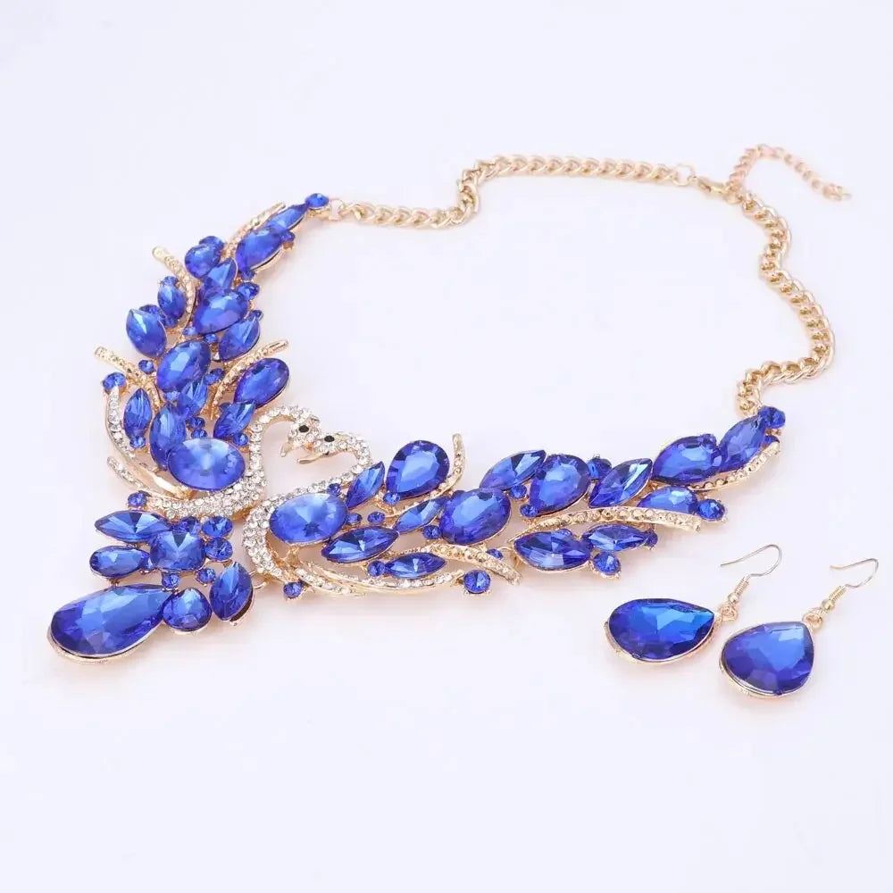 Crystal Bridal Jewelry Sets Gold Color Swan Pendant Necklace Women Gift Party Wedding Prom Necklace Earring Accessories
