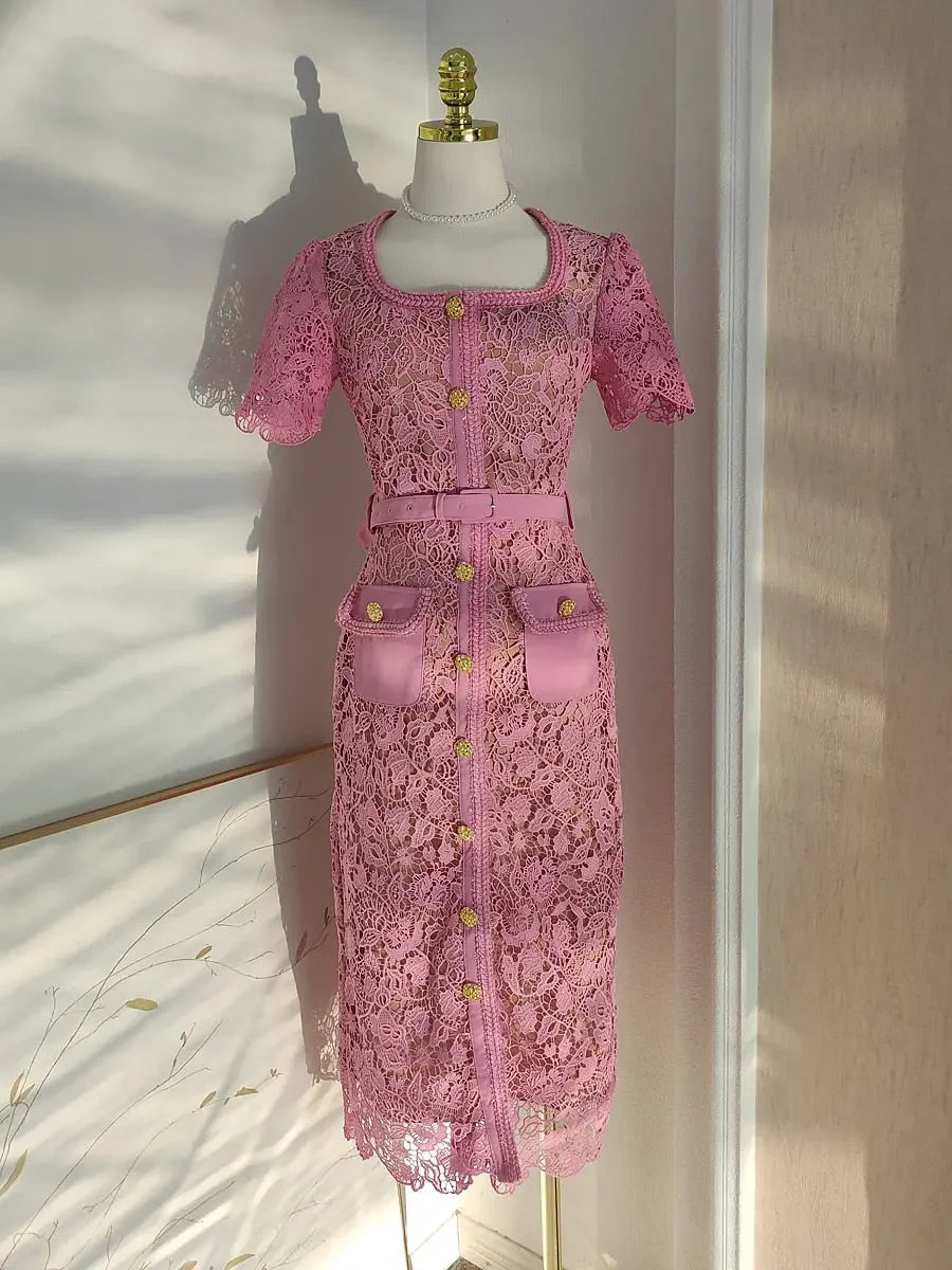 High Quality Pink Lace Dress For Women Summer Vintage Square collar Buckles Slim Mid Dress Hollow out Robes Female Party Vestido