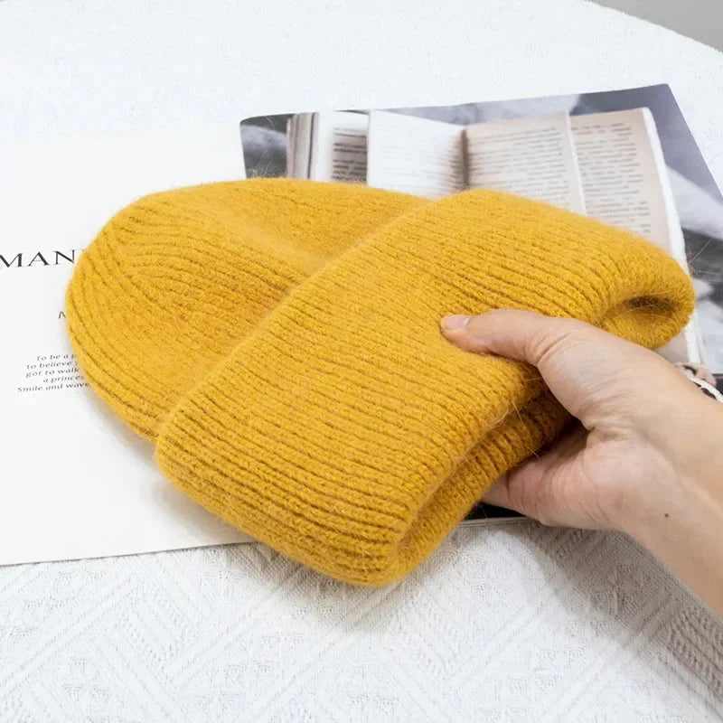 Fashion Warm Skullies Angola Rabbit Fur Winter Knitted Beanies Women Cap Female Three Fold Ski Outdoor Hats