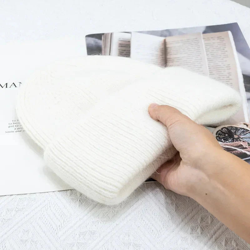 Fashion Warm Skullies Angola Rabbit Fur Winter Knitted Beanies Women Cap Female Three Fold Ski Outdoor Hats