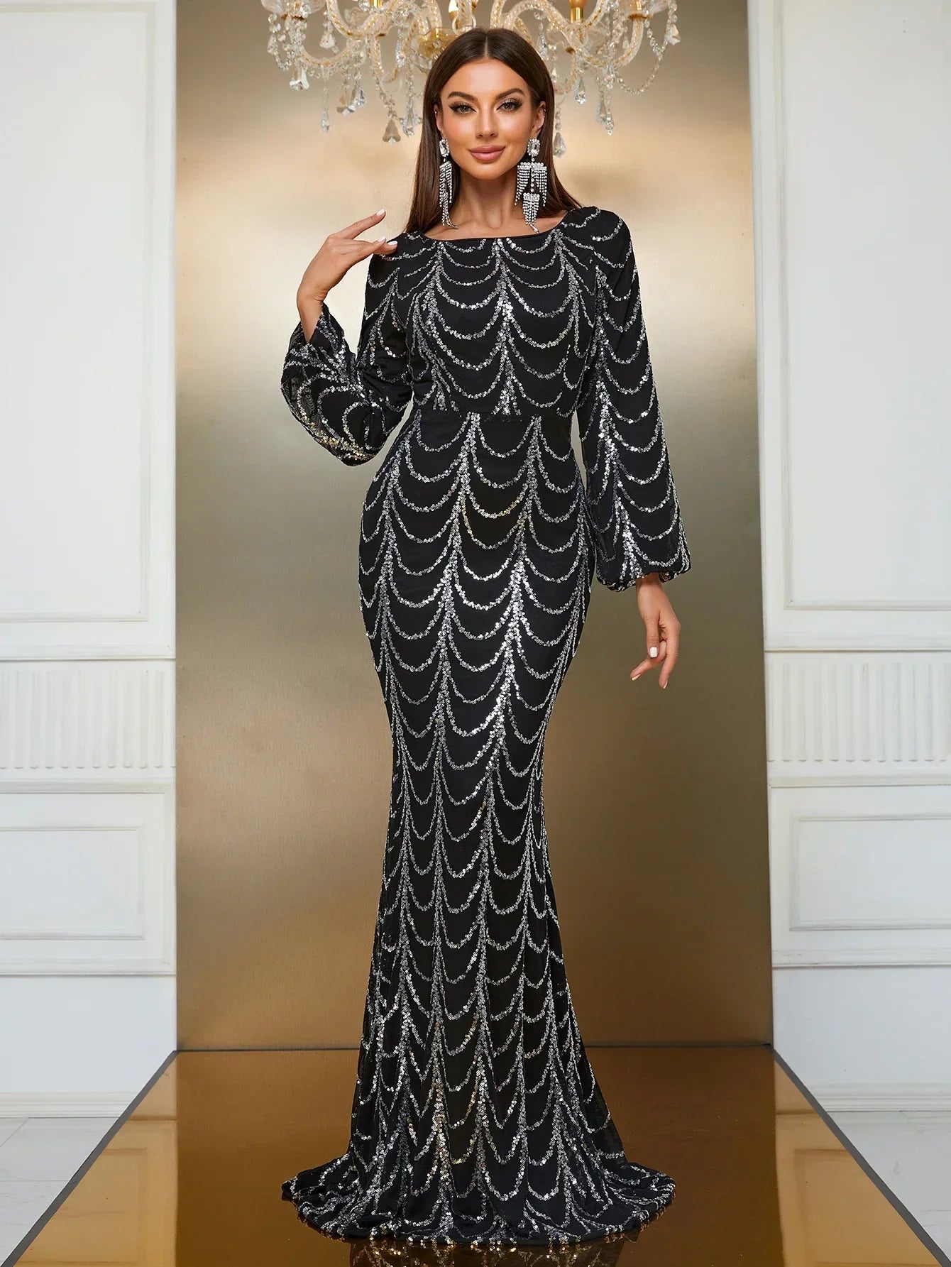 Women's Boat Neck Lantern Sleeve Dress