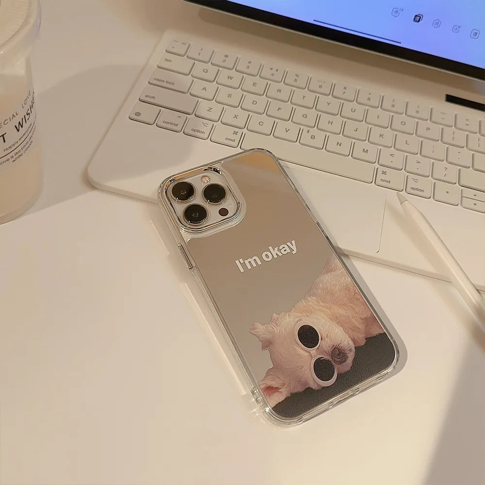 Ins Sunglass Dog Pattern Electroplated Makeup Mirror Phone Case For iPhone
