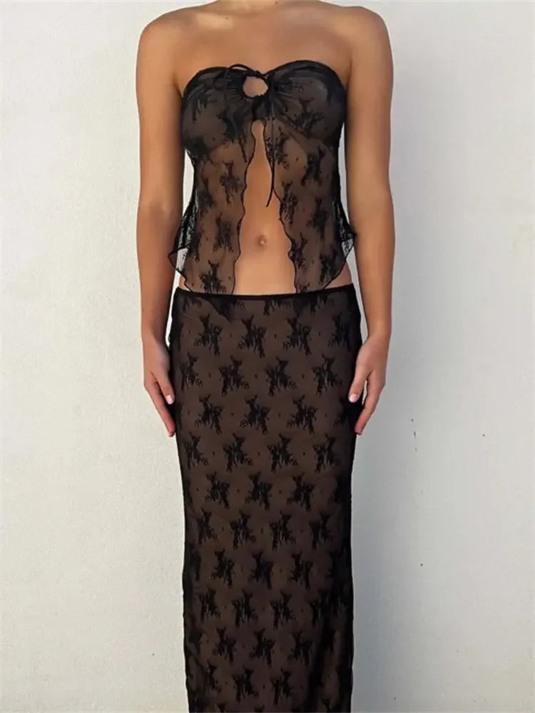 Lace Strapless Tube Top & Low Waist Long Skirt