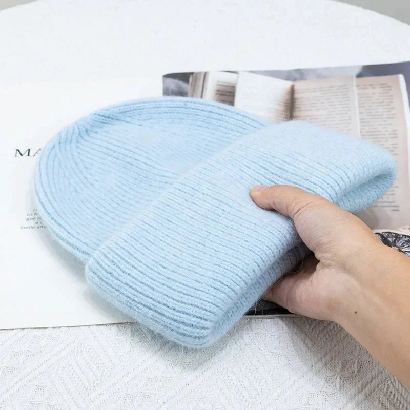 Fashion Warm Skullies Angola Rabbit Fur Winter Knitted Beanies Women Cap Female Three Fold Ski Outdoor Hats