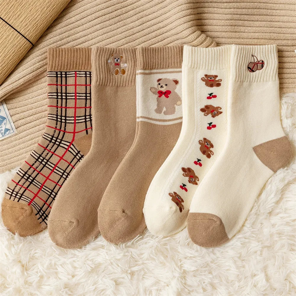 Geometric Lattice Fun Socks Japanese Style Embroidered Happy Fashion Spring Kawaii Harajuku Cotton Long Funny Autumn Female Cute