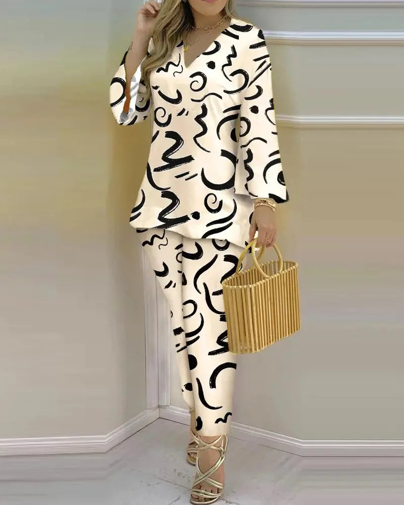 Long Sleeve V-neck Polyester Printing Two Pieces Sets