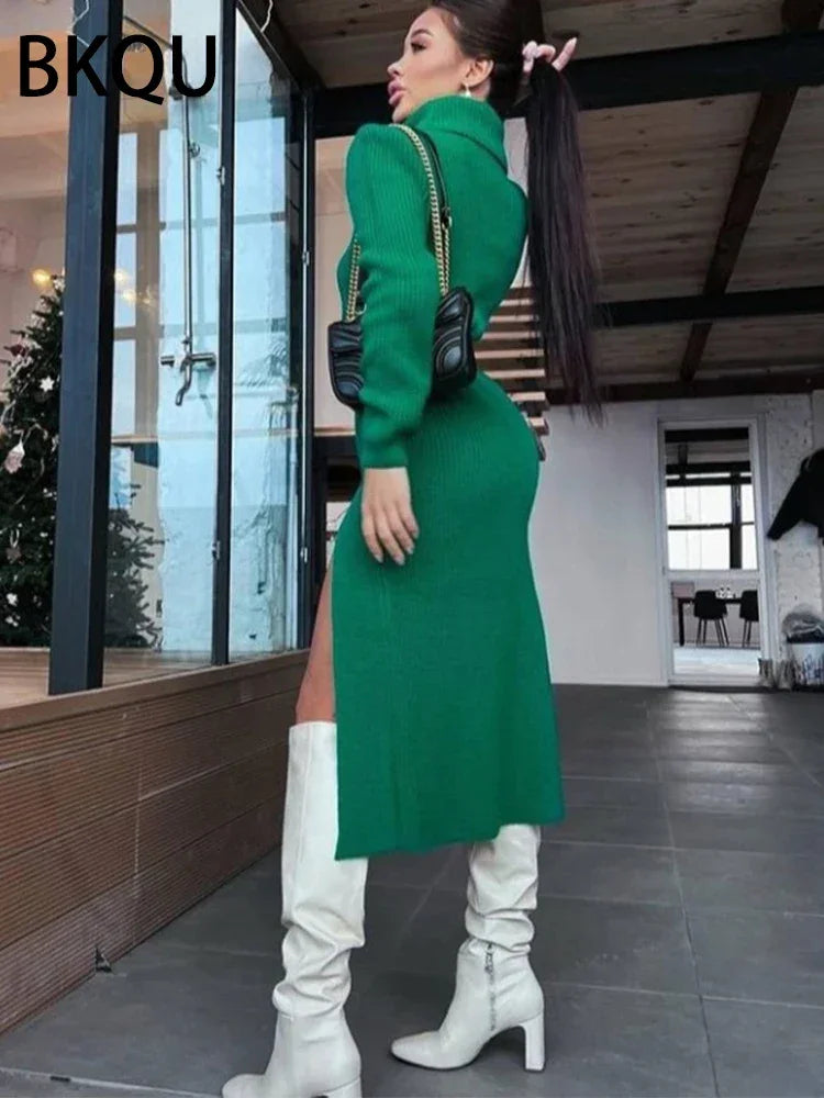 Women's Double Split Ribbed Sweater Midi Dress