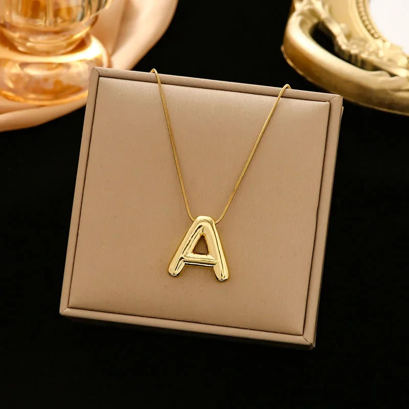 Stainless Steel Chain Gold Plated Letter Necklaces Chunky Alphabet Balloon Bubble Initial Pendant Necklace for Women Men Jewelry