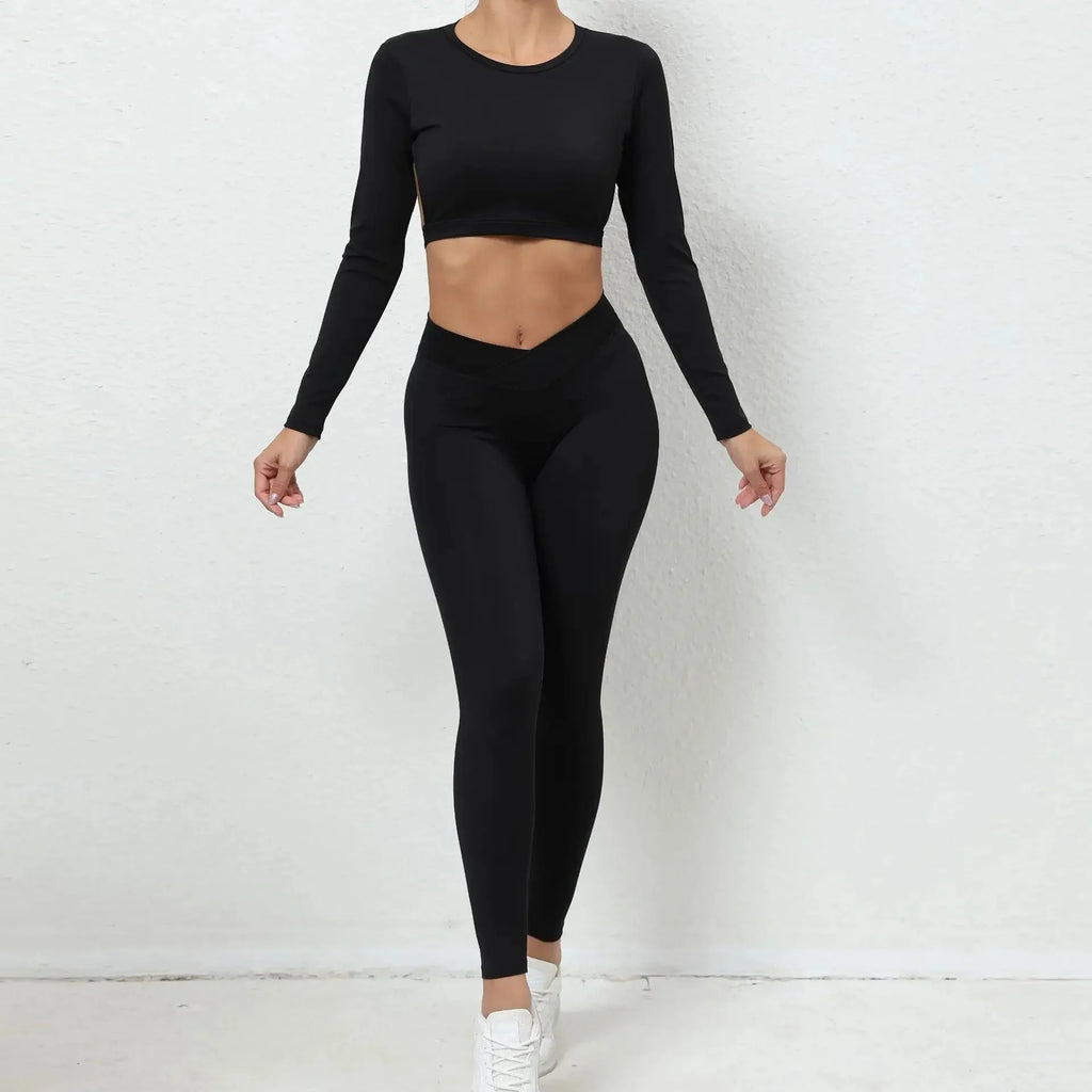 Seamless Backless Yoga Sets Sports Fitness High Waist Hip-lifting Trousers Long-Sleeved Suit Workout Gym Leggings Set for Women
