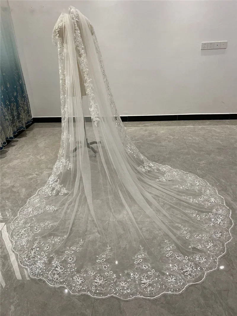 Luxury Cathedral Length Bridal Veils One Layer White or Ivory 3m  3. 5 Meters 4m 5m Long Wedding  Veil for Bride with Metal Comb