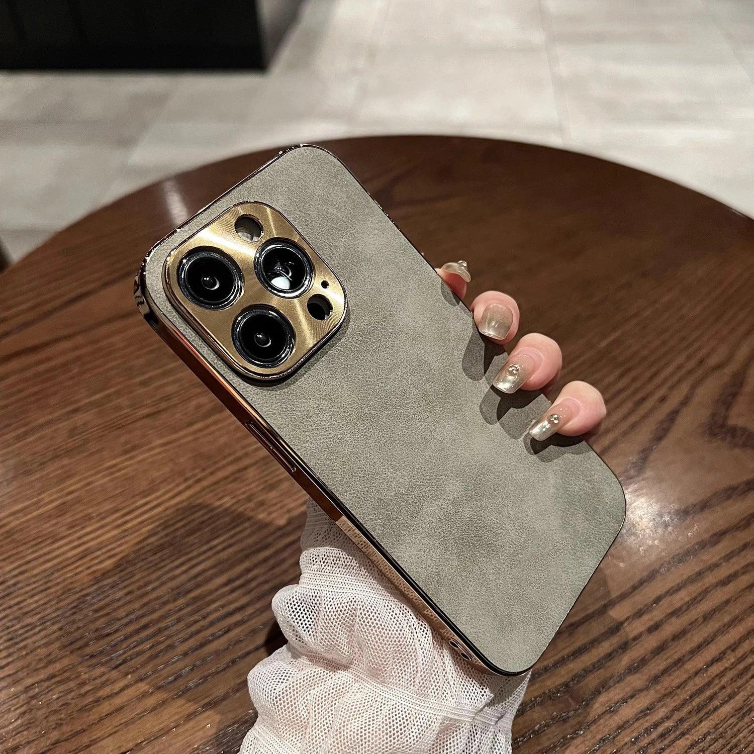 Sheepskin Phone Case For iPhone 15 11 13 12 14 16 Pro Max Plus Plating Bumper Turn Fur Lambskin Leather Metal Lens Phone Cover