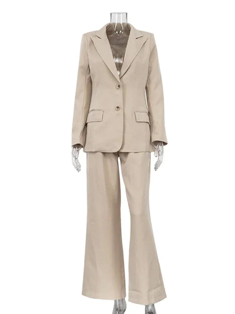 Aynaray 2023 Autumn Winter Women Office Suit Sets Solid Khaki V-neck Long Sleeve 2 Piece Pant Set For Women