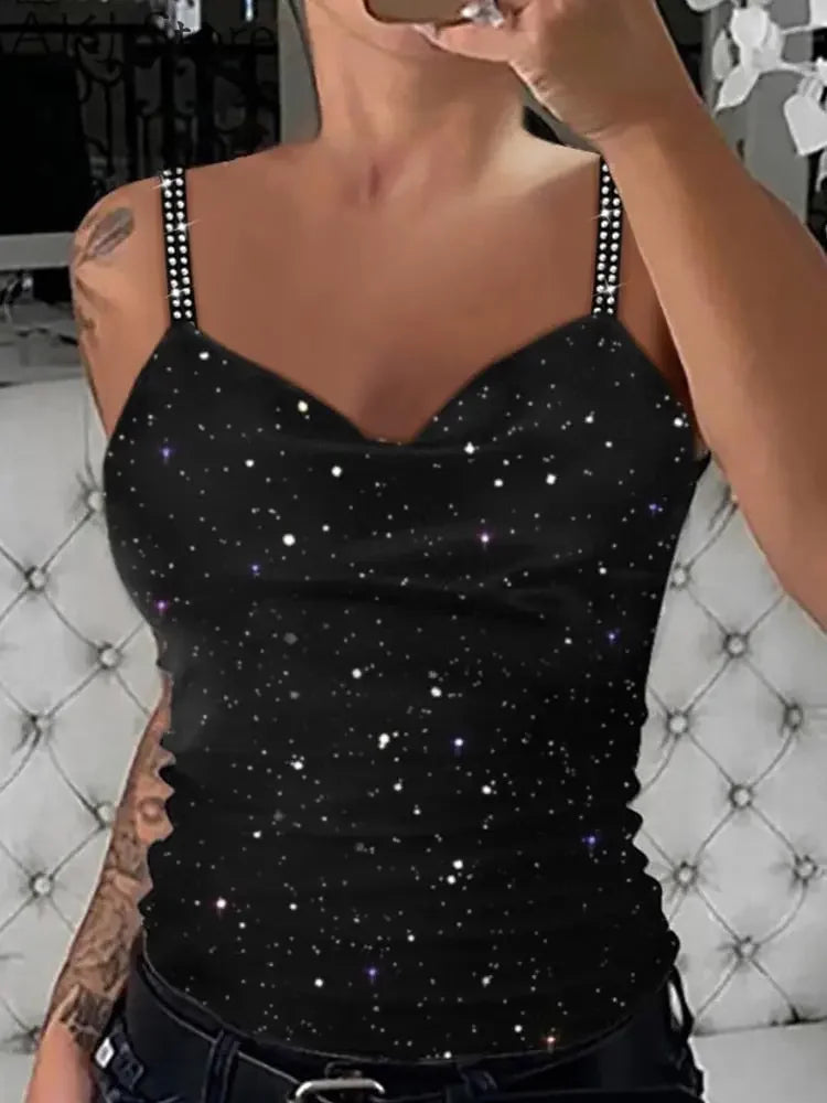 Women Rhinestone Spaghetti Strap Glitter Top