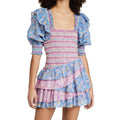 Womens Bohemian Puff Sleeve Dress Boho V-Neck Ruffle Layered Hem Mini Dress Floral Flowy Ruffle Tiered Short Dresses