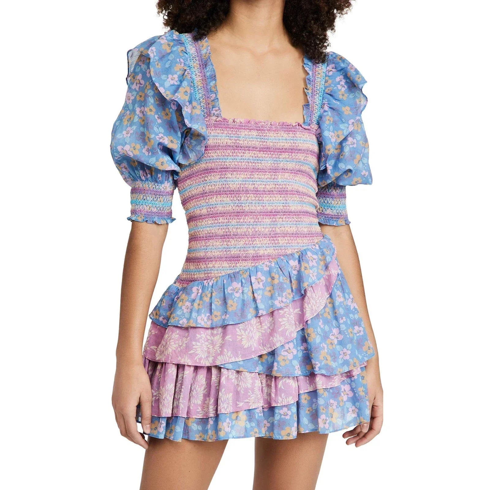 Womens Bohemian Puff Sleeve Dress Boho V-Neck Ruffle Layered Hem Mini Dress Floral Flowy Ruffle Tiered Short Dresses