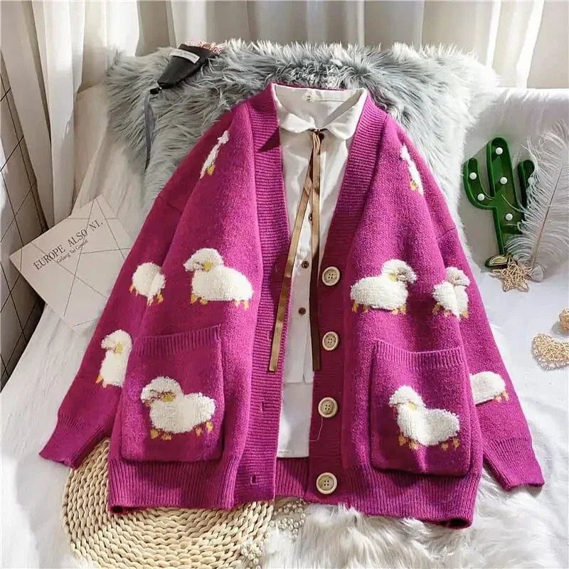 Sheep Cartoon V-Neck Long Sleeve Loose Knitted Sweater Women's Cardigan Korean Fashion Autumn Winter Thick Cardigan For Women