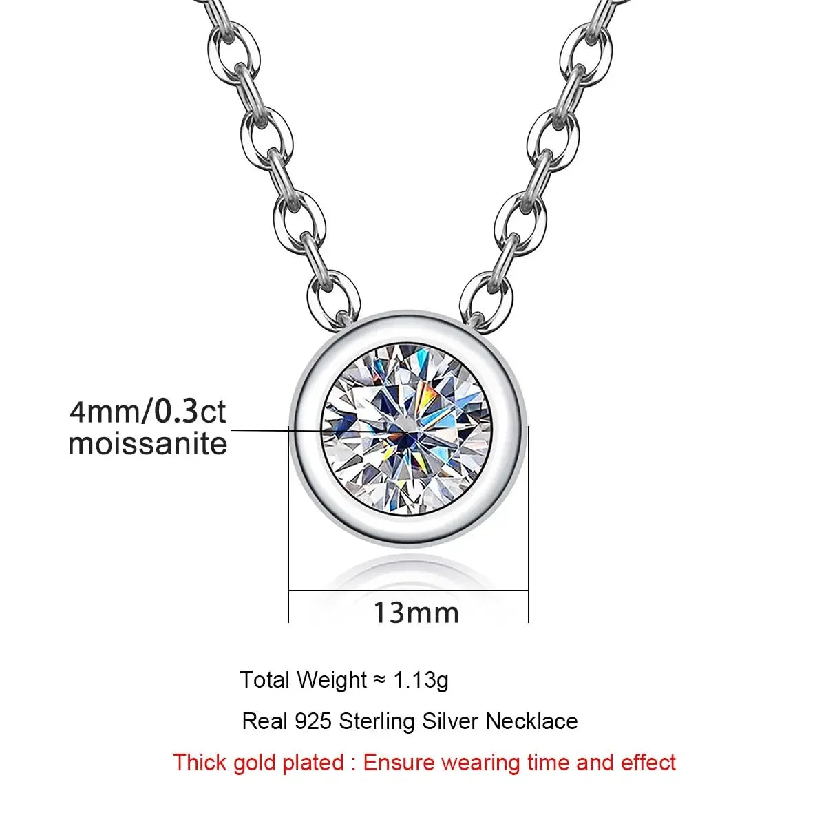 925 SS Round Brilliant 18K Gold Plated 0.3ct D Color Moissanite Necklace