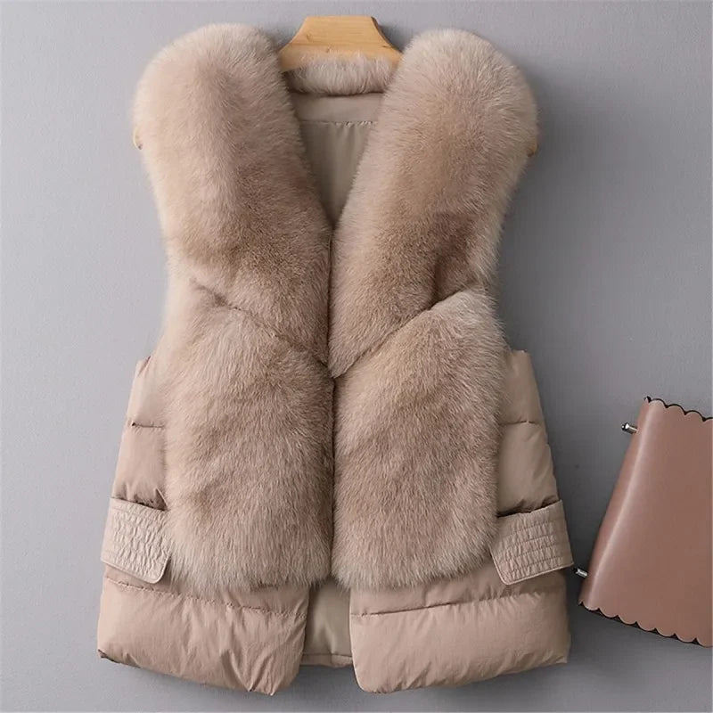 Leather and Fur Vest Women's Short Down Feather Imitation Fox Slim Temperament Jacket 23 New Autumn and Winter Fashion All-match