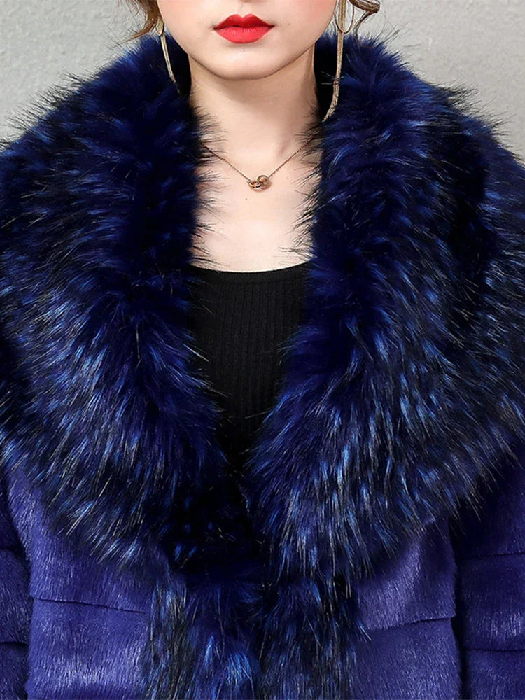 Nerazzurri Winter Long Striped Warm Sapphire Blue Luxury Fluffy Faux Mink Fur Coat with Fox Fur Trim European Overcoat Fashion