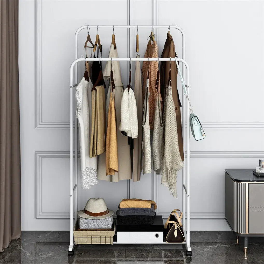 Heavy Duty Rolling Double Rod Clothes Rack