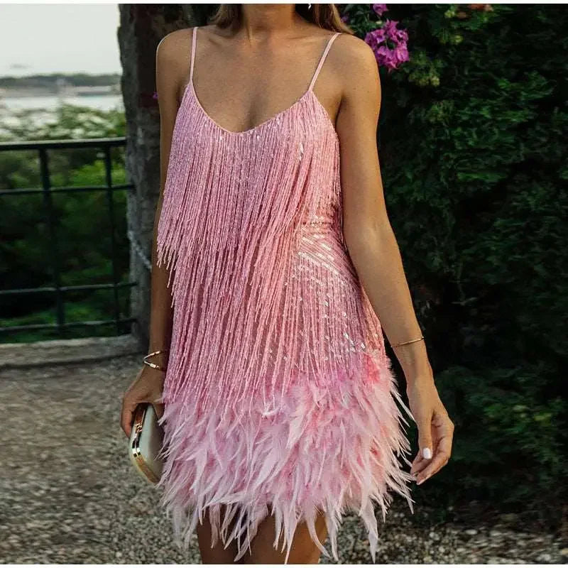 Tassel Sequin Feather Mini Dress