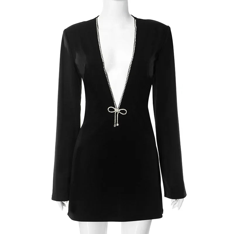 Fantoye Sexy Deep V-neck Diamonds Sparkling Women Dress Black Long Sleeve Evening Dress Autumn Slim Elegant Party Clubwear 2023