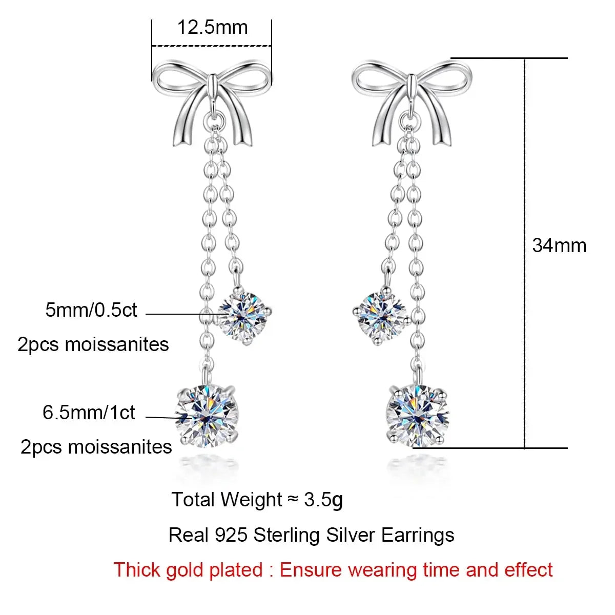 Luxury 3ctw D Color Moissanite Diamond Bow Earrings Drop 925 Sterling Silver