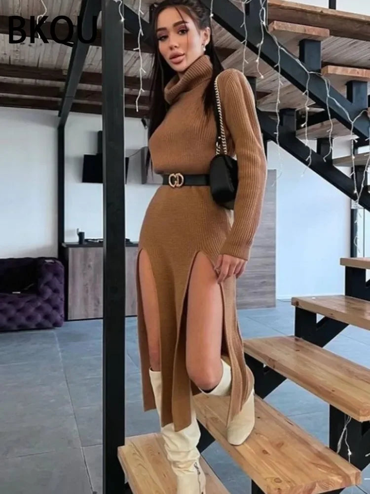 Women's Double Split Ribbed Sweater Midi Dress