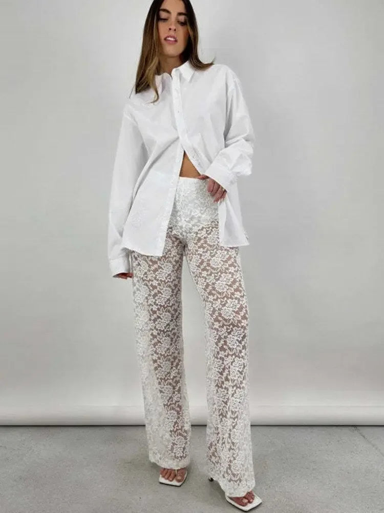 JULISSA MO 2023 Summer See Through Lace High Waist Pants For Women Wide Leg Baggy Trousers Solid Fashion Straight Casual