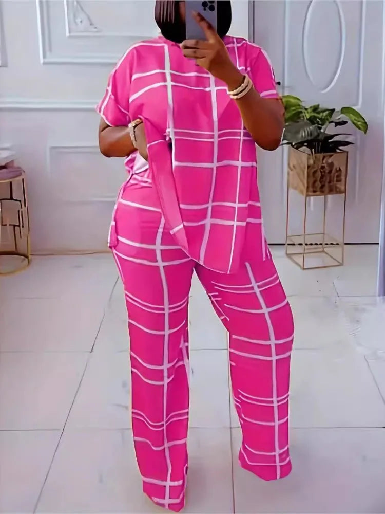 Elements Striped Grid Printed Casual Round Neck  Two Piece Set