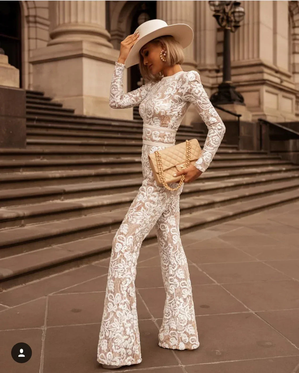 Elegant Lace Long Sleeve Bell-Bottom Jumpsuit