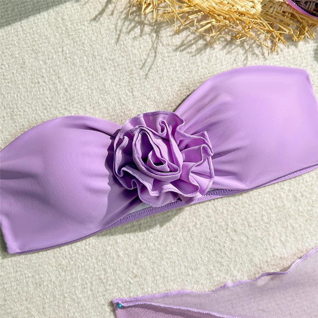 New 3D Flowers With Sarong Bandeau Bikini Female Swimsuit Women Swimwear Three-pieces Bikini set Bather Bathing Suit Swim V5526