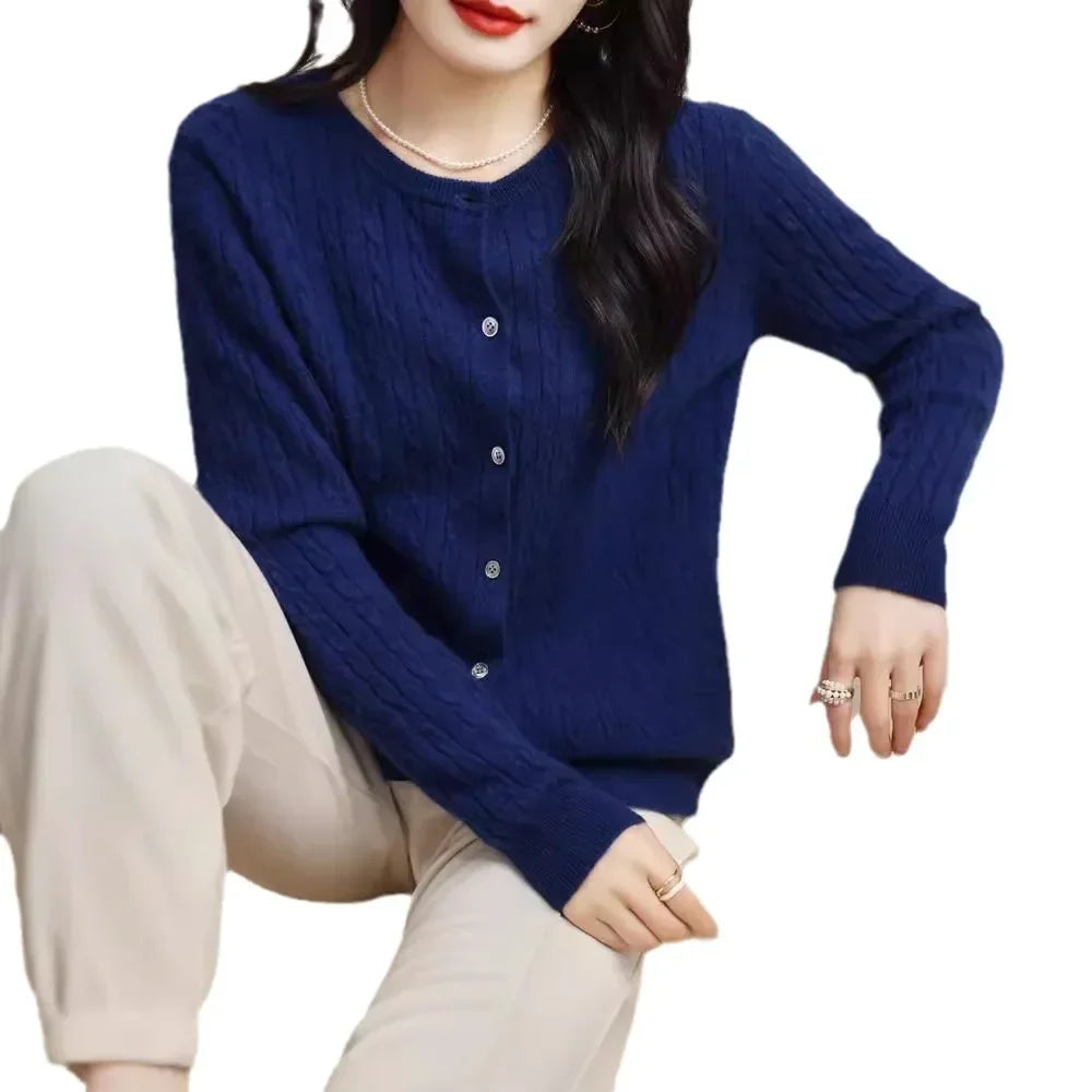 Long Sleeve Knitted O-neck Basic Thick Warm Cardigan