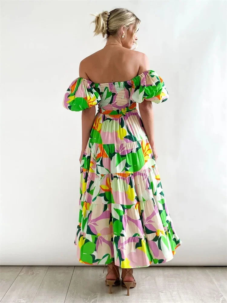 New style bubble sleeve holiday slim long skirt spice girl high waist one shoulder print dress