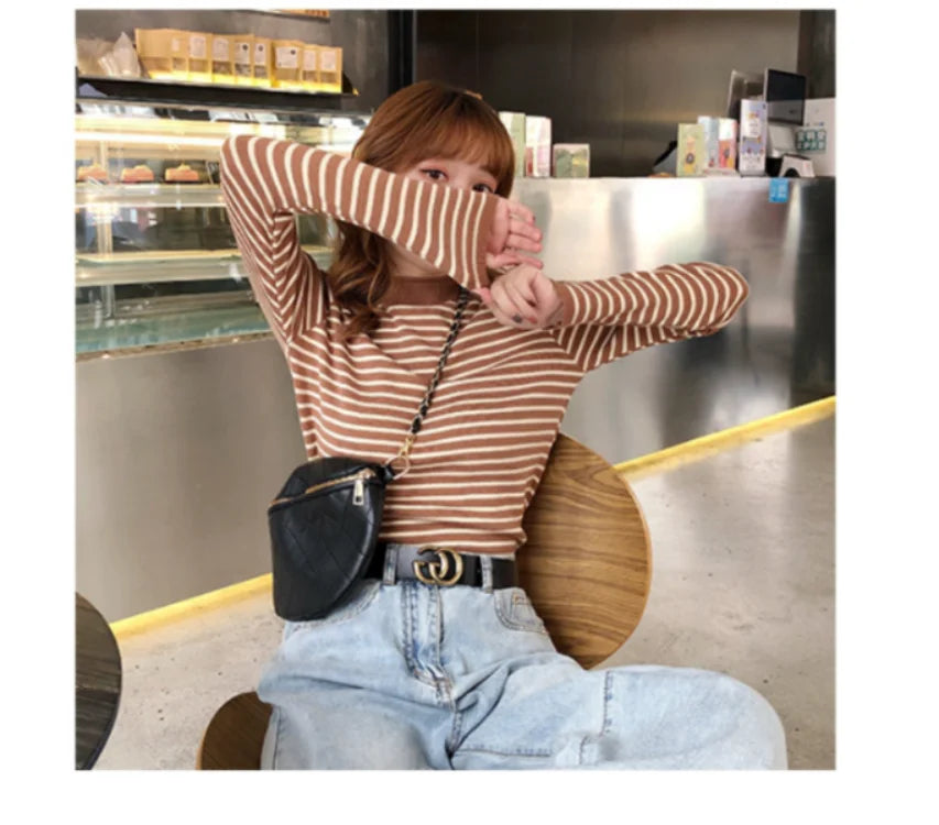 Mock Neck Pullover Long Sleeve Casual Striped Knitted Sweaters