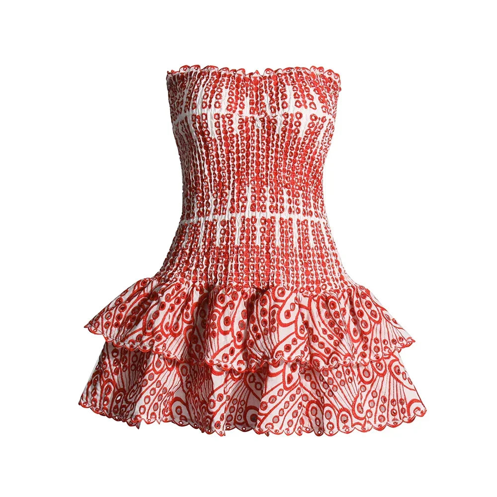 TWOTWINSTYLE Cut Out Layered Hem Sexy Dress For Women Strapless Sleeveless Off Shoulder High Waist Mini Dresses Female Clothing
