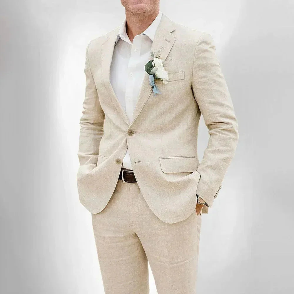 Hot Sell High-end Summer Beige Linen Wedding Suits for Men 2 Pieces Notch Lapel Fashion Groom Slim Casual Beach Set