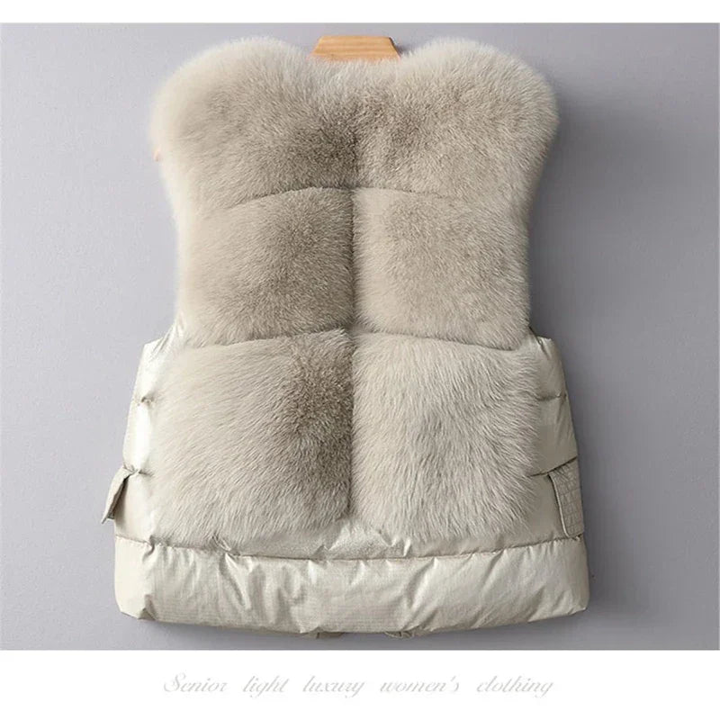 Leather and Fur Vest Women's Short Down Feather Imitation Fox Slim Temperament Jacket 23 New Autumn and Winter Fashion All-match
