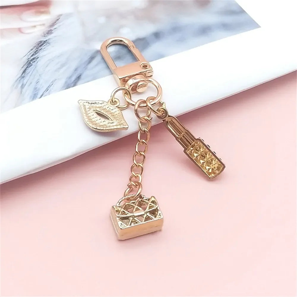 New Lipstick Lips Keychain with Black Rhinestones Key Ring Delicate Metal Pendant Charms for Women Girl Bag Car Accessories
