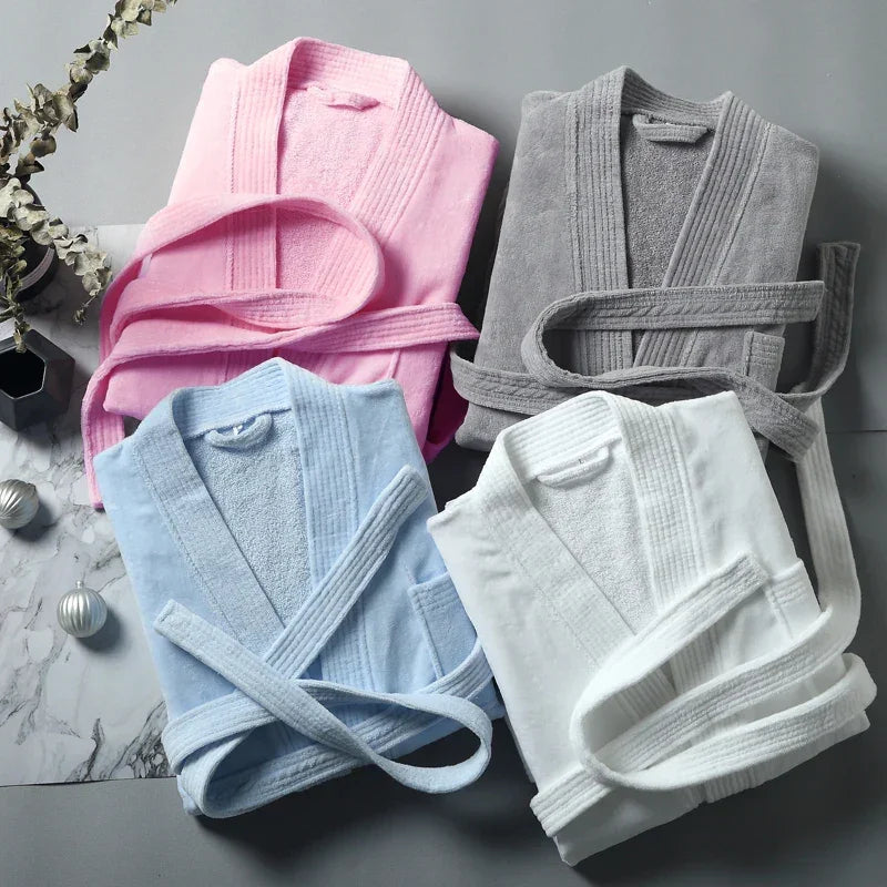 Women 100% Cotton Terry Bath Robe Plus Size Suck Water Towel Bathrobe Kimono Dressing Gown Winter Summer Men Waffle Sleepwear