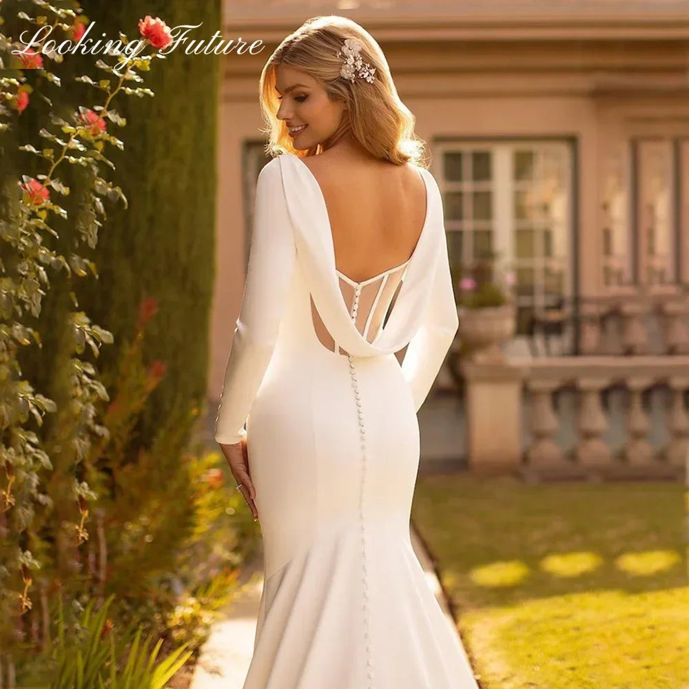 Elegant Mermaid Wedding Dresse Satin Cowl Back O-Neck Bridal Gown Simple White Long Sleeves Vestido de Novia 2023 Sweep Train