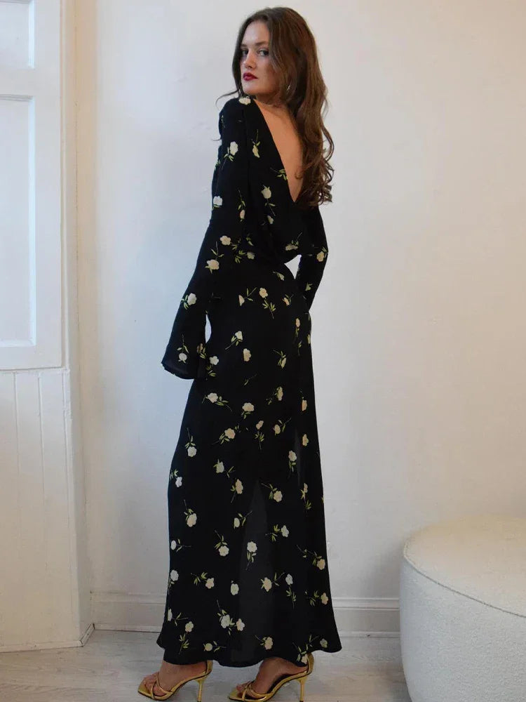 Chiffon Floral Print Long Sleeve Backless Maxi Dress