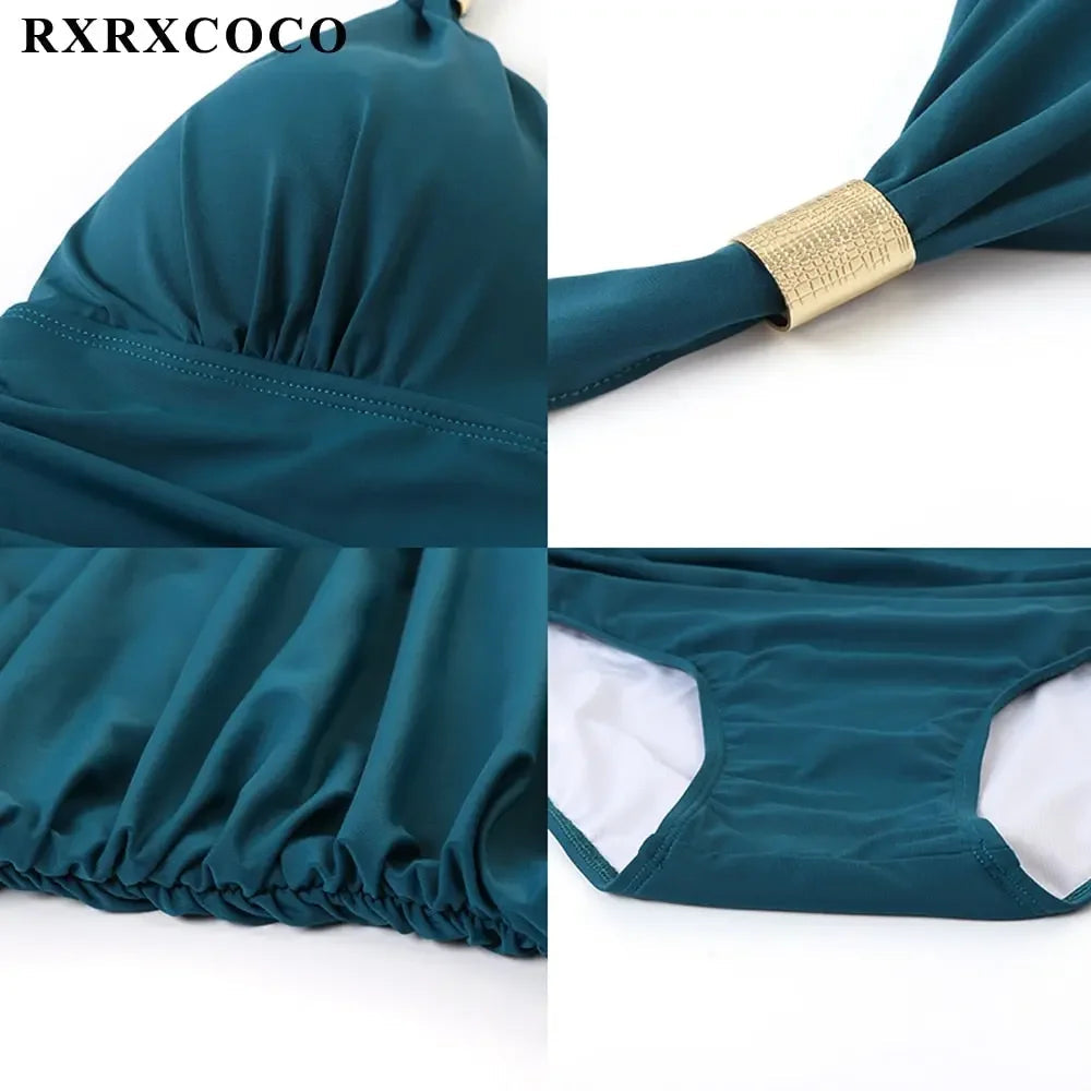RXRXCOCO Women's Swimsuit One Piece Push Up Swimwear Women Neck Hanging Backless Sexy Bathing Suit Black Blue Beachwear Swimsuit