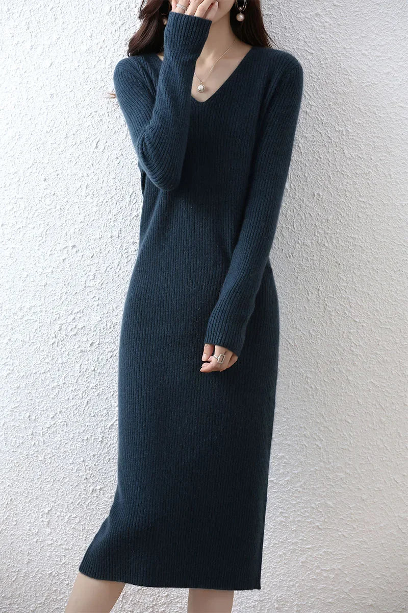 Elegant Long Sleeve Ribbed 100% Merino Wool Sweater Dress